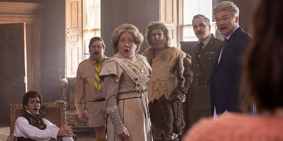 Ghosts. Image shows left to right: Thomas (Mathew Baynton), Pat (Jim Howick), Lady Button (Martha Howe-Douglas), Robin (Laurence Rickard), Captain (Ben Willbond), Julian (Simon Farnaby)