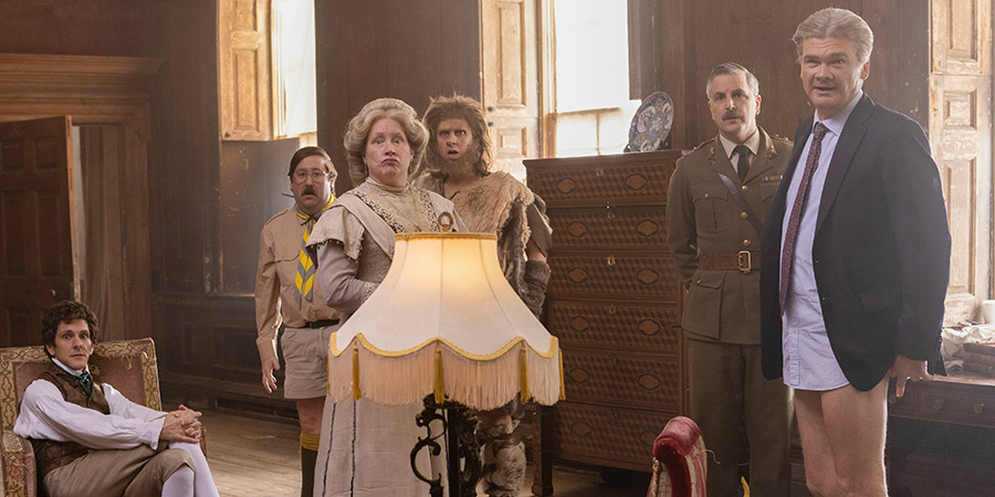 Ghosts. Image shows left to right: Thomas (Mathew Baynton), Pat (Jim Howick), Lady Button (Martha Howe-Douglas), Robin (Laurence Rickard), Captain (Ben Willbond), Julian (Simon Farnaby)