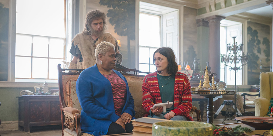 Ghosts. Image shows left to right: Betty (Sutara Gayle), Robin (Laurence Rickard), Alison (Charlotte Ritchie)