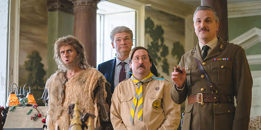 Ghosts. Image shows left to right: Robin (Laurence Rickard), Julian (Simon Farnaby), Pat (Jim Howick), Captain (Ben Willbond)
