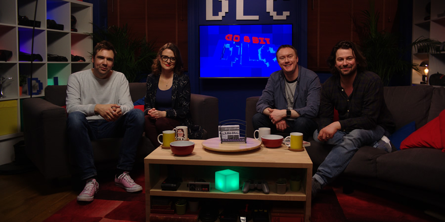 Go 8 Bit DLC. Image shows from L to R: Keith Stuart, Ellie Gibson, Steve McNeil, Sam Pamphilon. Copyright: DLT Entertainment Ltd.