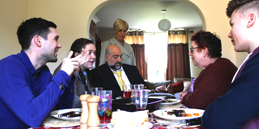 Going Forward. Image shows from L to R: Ryan Wilde (Harry Haynes), Kelly Wilde (Imogen Byron), Dave Wilde (Omid Djalili), Jackie (Helen Griffin), Kim Wilde (Jo Brand), Max Wilde (Ben Colbert)