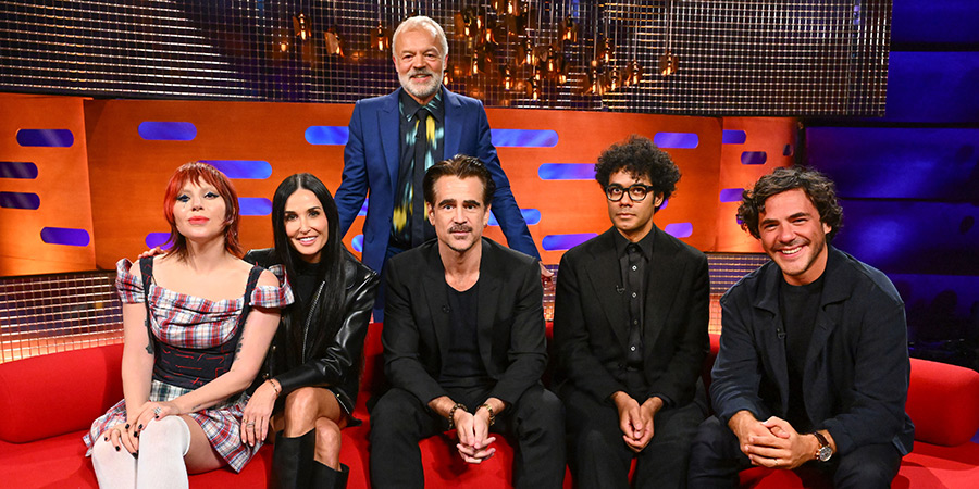 The Graham Norton Show. Image shows left to right: Lady Gaga, Demi Moore, Graham Norton, Colin Farrell, Richard Ayoade, Jack Savoretti