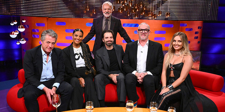 The Graham Norton Show. Image shows left to right: Hugh Grant, Neneh Cherry, Graham Norton, Sebastian Stan, Greg Davies, Perrie Edwards