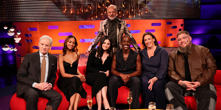 The Graham Norton Show. Image shows left to right: Kevin Kline, Zoe Saldaña, Selena Gomez, Graham Norton, Ncuti Gatwa, Miranda Hart, Rag'n'Bone Man