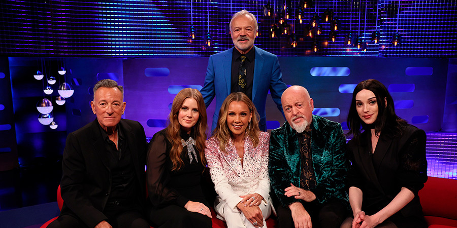 The Graham Norton Show. Image shows left to right: Bruce Springsteen, Amy Adams, Vanessa Williams, Graham Norton, Bill Bailey, St Vincent