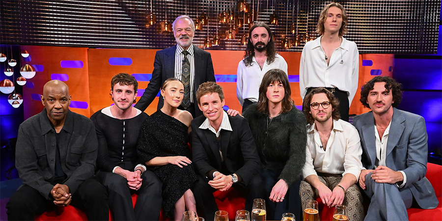 The Graham Norton Show. Image shows left to right: Denzel Washington, Paul Mescal, Saoirse Ronan, Graham Norton, Eddie Redmayne, Blossoms