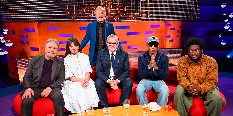 The Graham Norton Show. Image shows left to right: Billy Crystal, Emily Mortimer, Graham Norton, Hugh Bonneville, Pharrell Williams, Michael Kiwanuka