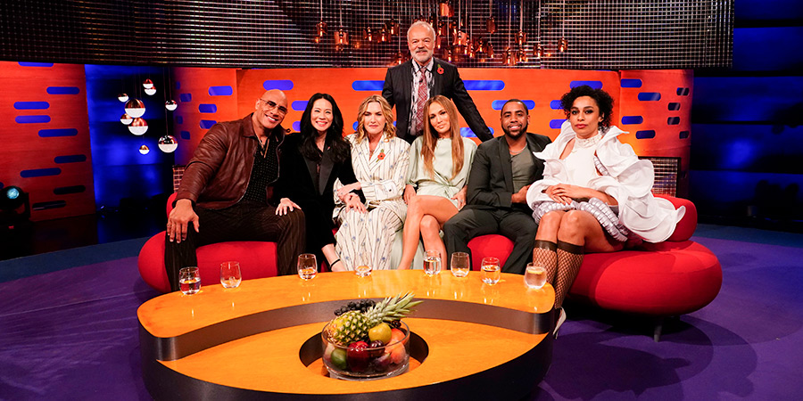 The Graham Norton Show. Image shows left to right: Dwayne Johnson, Lucy Liu, Kate Winslet, Graham Norton, Jennifer Lopez, Jharrel Jerome, Celeste Waite