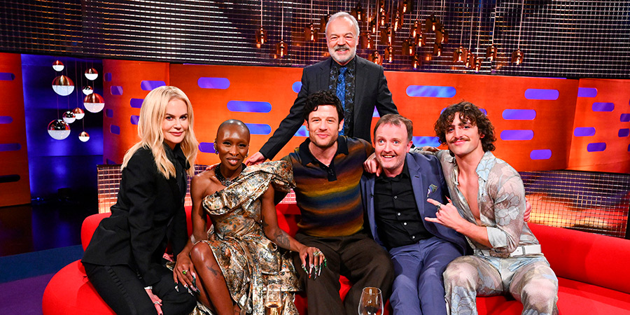 The Graham Norton Show. Image shows left to right: Nicole Kidman, Cynthia Erivo, James Norton, Graham Norton, Chris McCausland, Benson Boone