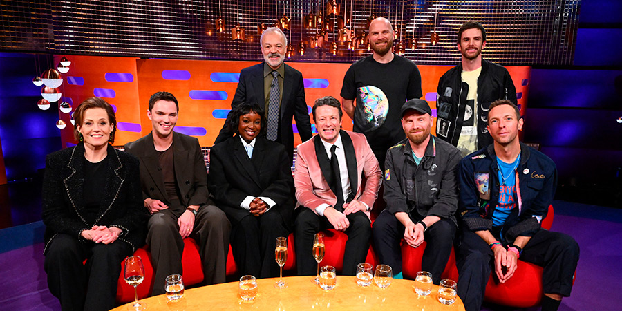 The Graham Norton Show. Image shows left to right: Sigourney Weaver, Nicholas Hoult, Lolly Adefope, Graham Norton, Jamie Oliver, Will Champion, Jon Buckland, Guy Berryman, Chris Martin