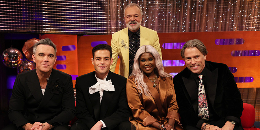 The Graham Norton Show. Image shows left to right: Robbie Williams, Rami Malek, Graham Norton, Motsi Mabuse, John Bishop