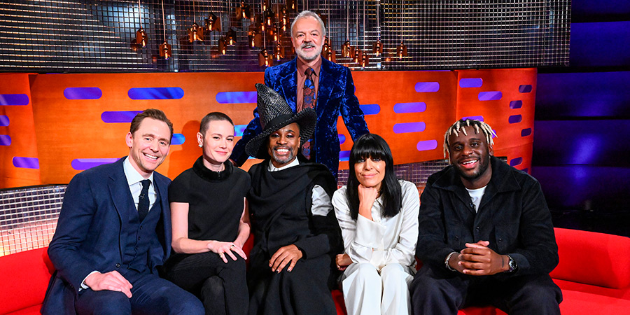 The Graham Norton Show. Image shows left to right: Tom Hiddleston, Brie Larson, Billy Porter, Graham Norton, Claudia Winkleman, Myles Smith