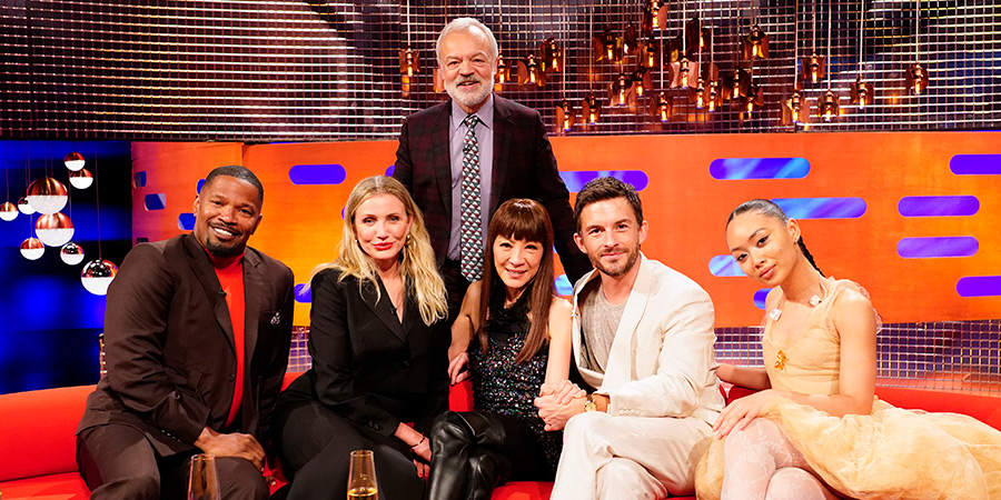 The Graham Norton Show. Image shows left to right: Jamie Foxx, Cameron Diaz, Graham Norton, Michelle Yeoh, Jonathan Bailey, Griff