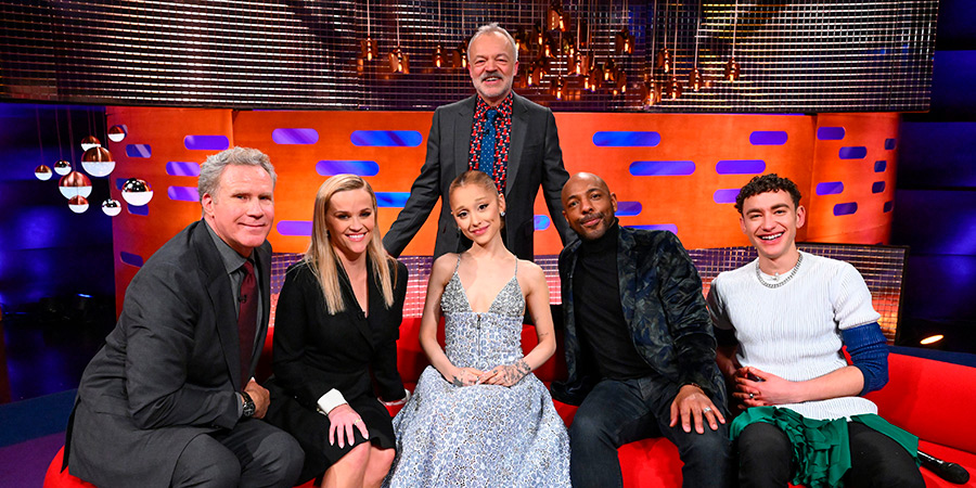 The Graham Norton Show. Image shows left to right: Will Ferrell, Reese Witherspoon, Ariana Grande, Graham Norton, Don Gilet, Olly Alexander