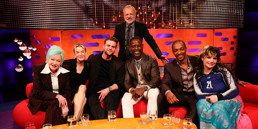 The Graham Norton Show. Image shows left to right: Cyndi Lauper, Renée Zellweger, Leo Woodall, Graham Norton, Sterling K Brown, Anthony Mackie, Lola Young