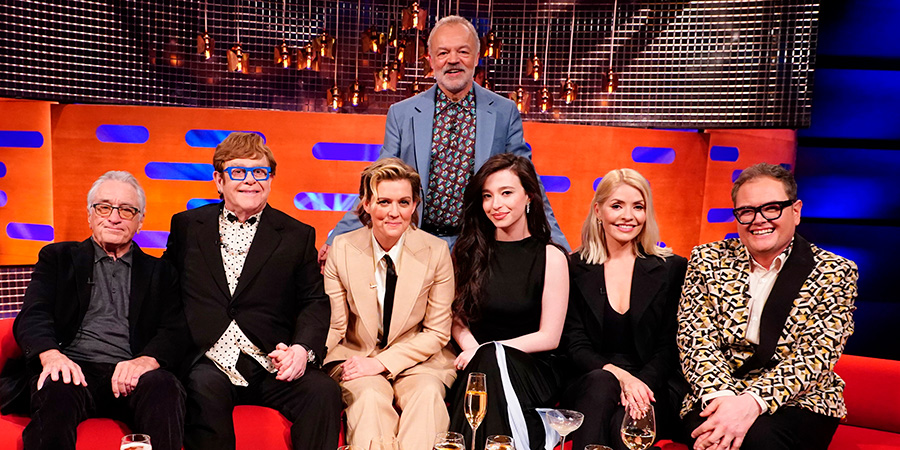 The Graham Norton Show. Image shows left to right: Robert De Niro, Elton John, Brandi Carlile, Graham Norton, Mikey Madison, Holly Willoughby, Alan Carr