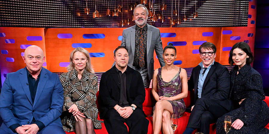 The Graham Norton Show. Image shows left to right: Ross Kemp, Pamela Anderson, Stephen Graham, Graham Norton, Gugu Mbatha-Raw, Sean Hayes, Gracie Abrams