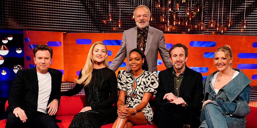 The Graham Norton Show. Image shows left to right: Ewan McGregor, Kate Hudson, Naomie Harris, Graham Norton, Chris O'Dowd, Self Esteem