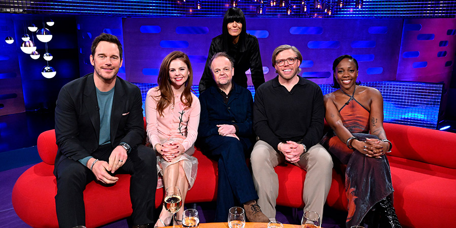 The Graham Norton Show. Image shows left to right: Chris Pratt, Saoirse-Monica Jackson, Toby Jones, Claudia Winkleman, Rob Beckett, Rachel Chinouriri