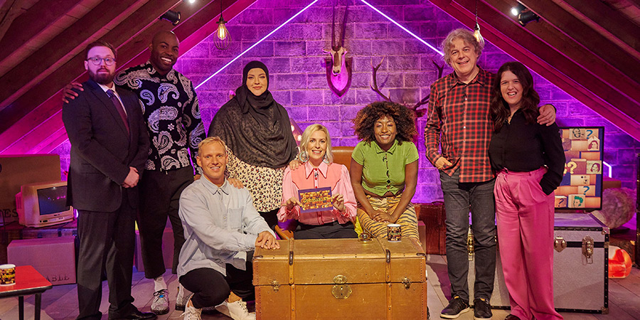 Guessable?. Image shows left to right: John Kearns, Darren Harriott, Jamie Laing, Fatiha El-Ghorri, Sara Pascoe, Sophie Duker, Alan Davies, Rosie Jones