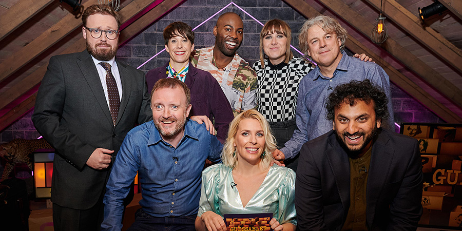 Guessable?. Image shows left to right: John Kearns, Chris McCausland, Suzi Ruffell, Darren Harriott, Sara Pascoe, Maisie Adam, Alan Davies, Nish Kumar