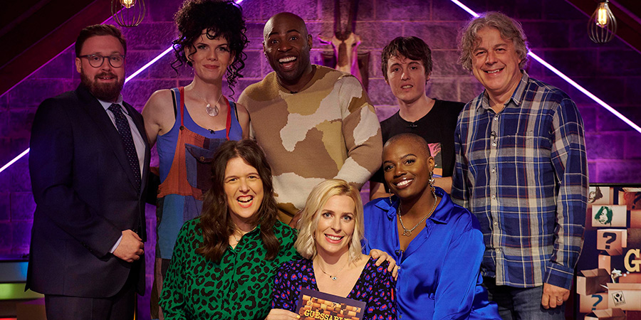 Guessable?. Image shows left to right: John Kearns, Jordan Gray, Rosie Jones, Darren Harriott, Sara Pascoe, Thanyia Moore, Sam Campbell, Alan Davies