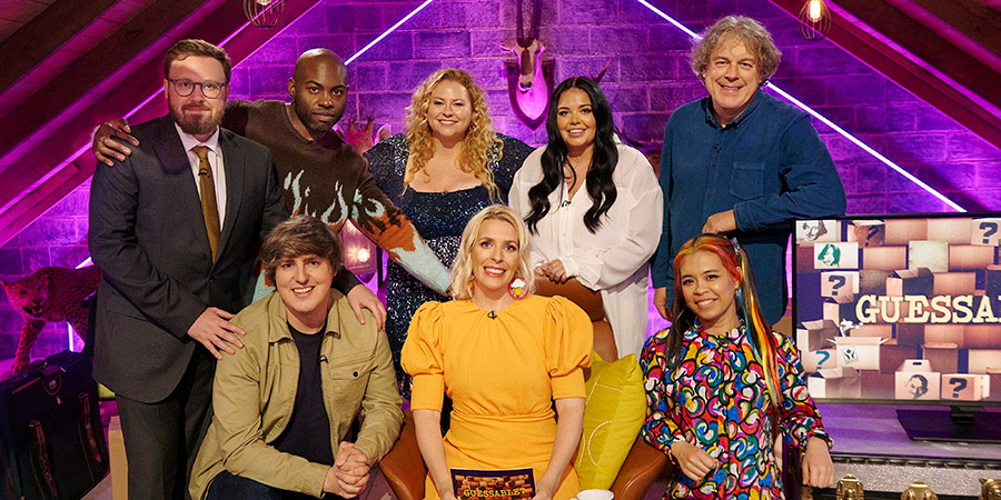 Guessable?. Image shows left to right: John Kearns, Darren Harriott, Glenn Moore, Amy Gledhill, Sara Pascoe, Scarlett Moffatt, Ria Lina, Alan Davies