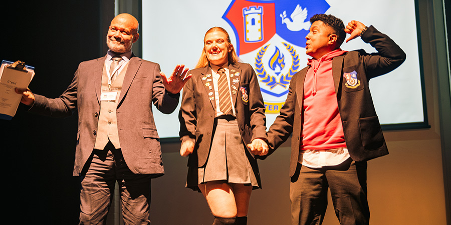 G'wed. Image shows left to right: Mr Meacher (Louis Emerick), Ella Grace, The Brimble (Evie Ward-Drummond), Mo (Zak Douglas)