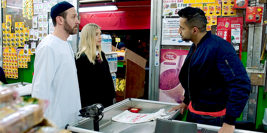 Hapless. Image shows from L to R: Paul Green (Tim Downie), Hermione/Matilda (Sophie Colquhoun), The Condom Seller (Fayez Bakhsh). Copyright: Magnet Films