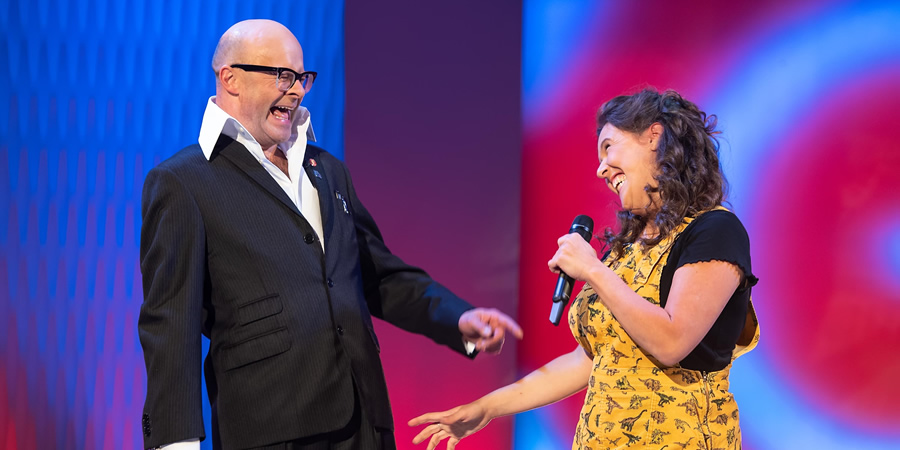 Harry Hill's ClubNite. Image shows from L to R: Harry Hill, Rosie Jones. Copyright: Nit TV