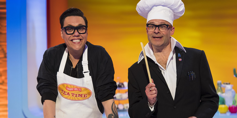 Harry Hill's Tea Time. Image shows from L to R: Gok Wan, Harry Hill. Copyright: Nit TV