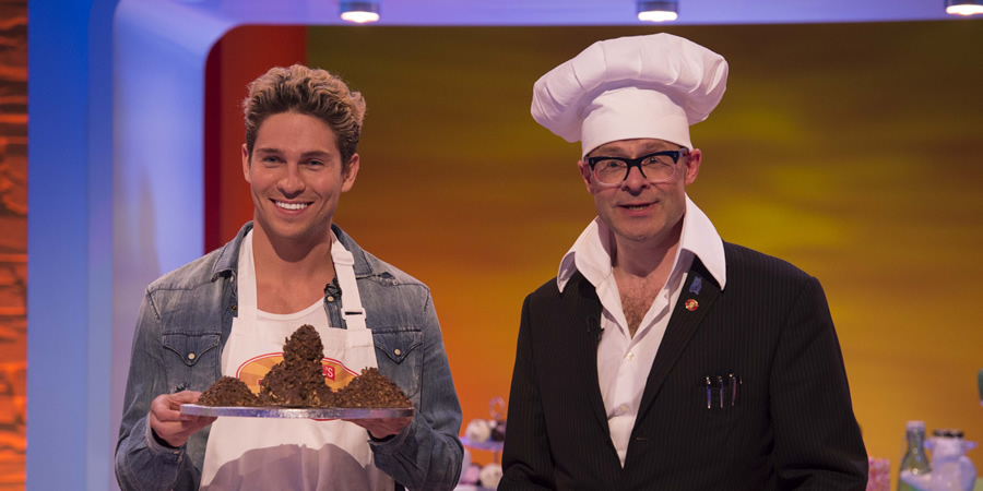 Harry Hill's Tea Time. Image shows from L to R: Joey Essex, Harry Hill. Copyright: Nit TV