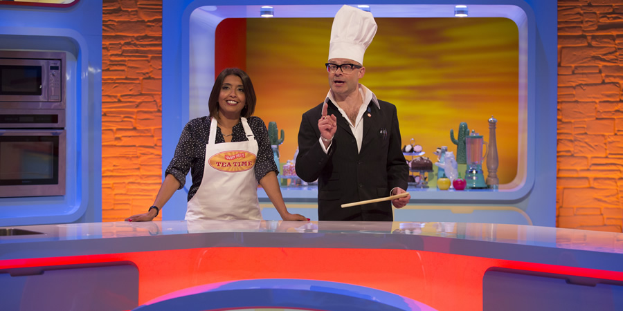 Harry Hill's Tea Time. Image shows from L to R: Sunetra Sarker, Harry Hill. Copyright: Nit TV