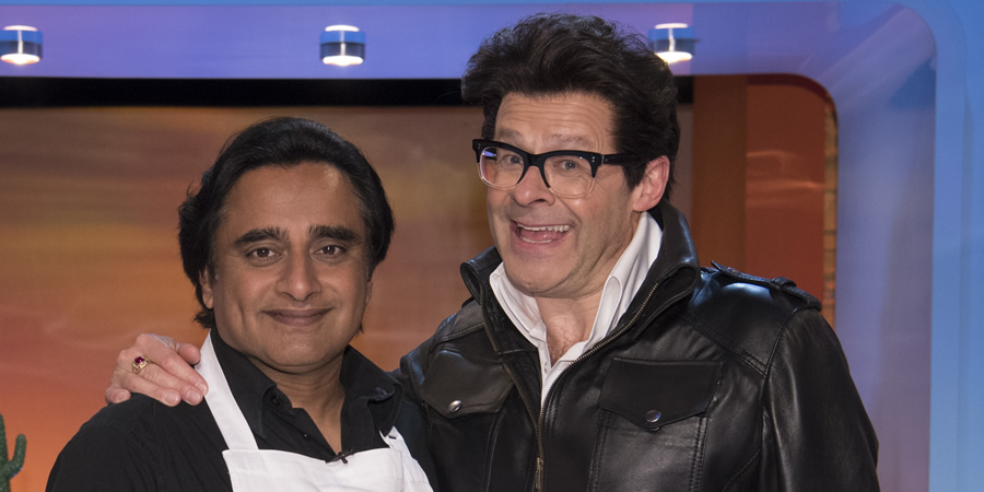 Harry Hill's Tea Time. Image shows from L to R: Sanjeev Bhaskar, Harry Hill. Copyright: Nit TV