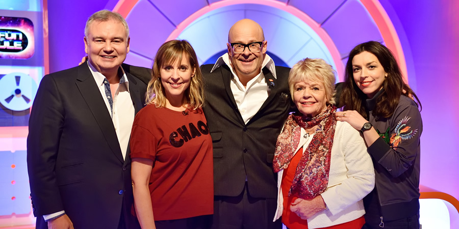 Harry Hill's Alien Fun Capsule. Image shows from L to R: Eamonn Holmes, Mel Giedroyc, Harry Hill, Judith Chalmers, Bridget Christie. Copyright: Nit TV