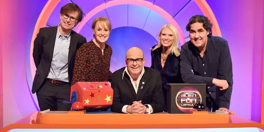 Harry Hill's Alien Fun Capsule. Image shows from L to R: Robert Peston, Sally Dynevor, Harry Hill, Anneka Rice, Micky Flanagan. Copyright: Nit TV