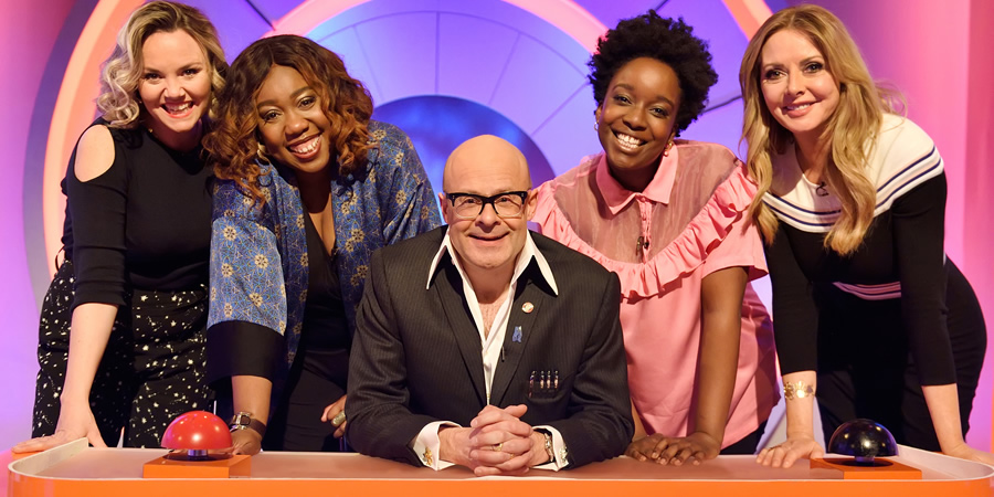 Harry Hill's Alien Fun Capsule. Image shows from L to R: Charlie Brooks, Chizzy Akudolu, Harry Hill, Lolly Adefope, Carol Vorderman. Copyright: Nit TV