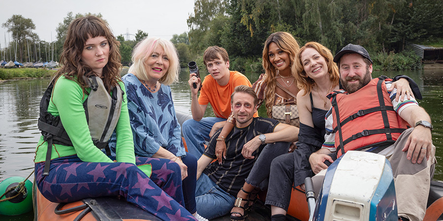 Here We Go. Image shows left to right: Amy (Freya Parks), Sue (Alison Steadman), Sam (Jude Morgan-Collie), Robin (Tom Basden), Cherry (Tori Allen-Martin), Rachel (Katherine Parkinson), Paul (Jim Howick)