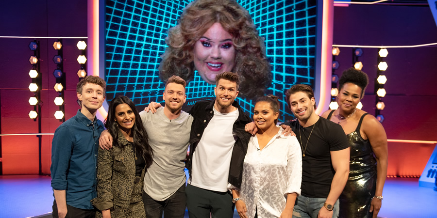 Hey Tracey!. Image shows from L to R: Matt Edmondson, Sair Khan, Sam Thompson, Joel Dommett, Scarlett Moffatt, Kem Cetinay, Desiree Burch