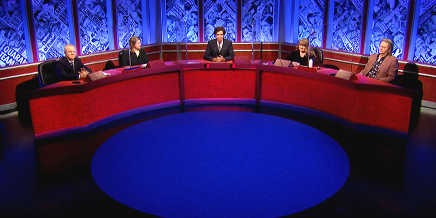 Have I Got News For You. Image shows from L to R: Ian Hislop, Helen Lewis, Stephen Mangan, Janey Godley, Paul Merton