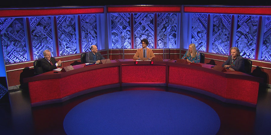 Have I Got News For You. Image shows from L to R: Ian Hislop, Armando Iannucci, Richard Ayoade, Roisin Conaty, Paul Merton. Copyright: Hat Trick Productions