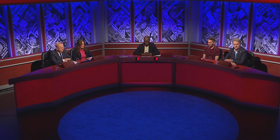 Have I Got News For You. Image shows left to right: Ian Hislop, Marianna Spring, Clive Myrie, Jon Richardson, Paul Merton. Credit: Hat Trick Productions