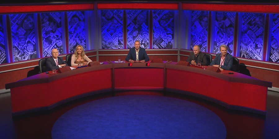 Have I Got News For You. Image shows left to right: Ian Hislop, Carol Vorderman, Alex Horne, Jack Dee, Paul Merton. Credit: Hat Trick Productions