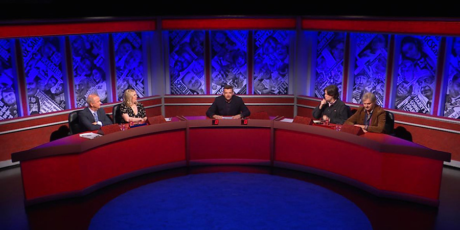 Have I Got News For You. Image shows left to right: Ian Hislop, Helen Lewis, Kevin Bridges, Chloe Petts, Paul Merton. Credit: Hat Trick Productions