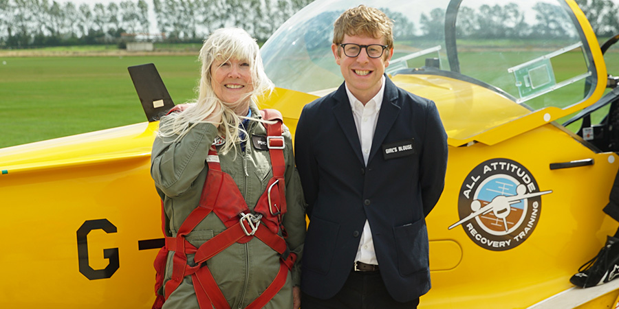 Josh, pictured with daredevil sky-diving charity fundraiser Jackie, 70. Josh Widdicombe. Credit: CPL Productions