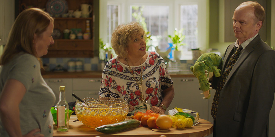 Hold The Sunset. Image shows from L to R: Wendy Stevens (Rosie Cavaliero), Queenie Gale (Anne Reid), Roger (Jason Watkins). Copyright: BBC