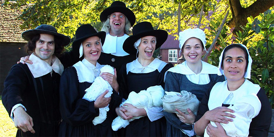 Horrible Histories. Image shows from L to R: Jalaal Hartley, Jessica Ransom, Tom Stourton, Harrie Hayes, Rachel Cash, Emily Lloyd Saini