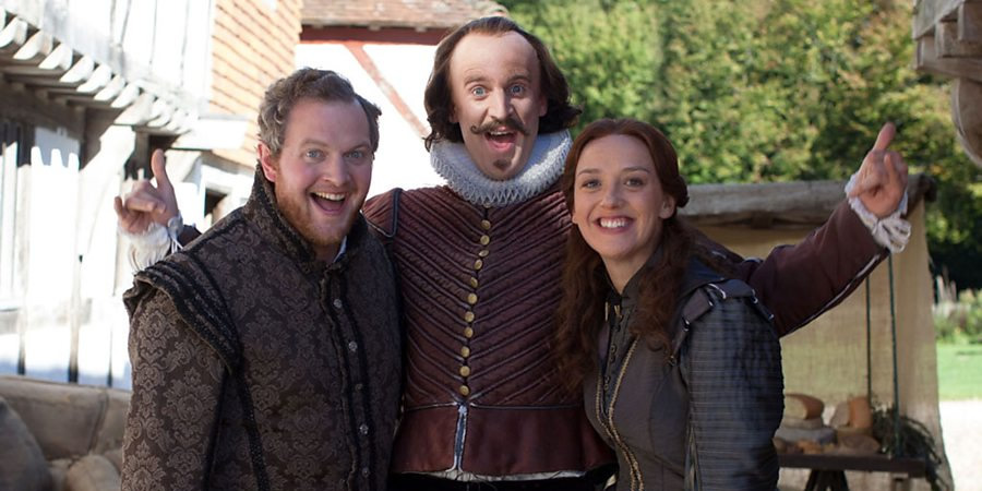 Horrible Histories. Image shows from L to R: Frances (Miles Jupp), William Shakespeare (Tom Stourton), Jessica Ransom. Copyright: Lion Television / Citrus Television