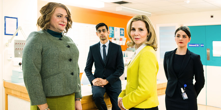 Hospital People. Image shows from L to R: Susan Mitchell (Tom Binns), Sunny Prasad (Amit Shah), Helena Steel (Sally Phillips), Helena's Aide (Emma Sidi)